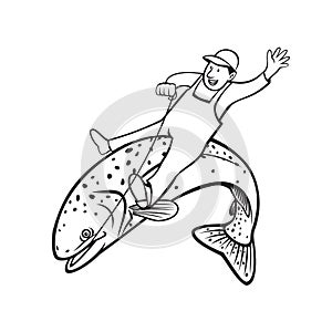 Trout Fisherman Riding Steelhead or Rainbow Trout Retro Stencil Black and White