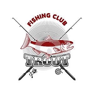 Trout fishing. Emblem template with trout fish. Design element for logo, label, sign, poster.