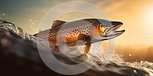 Trout jumping out of the turbulent waters of a mountain stream at sunrise