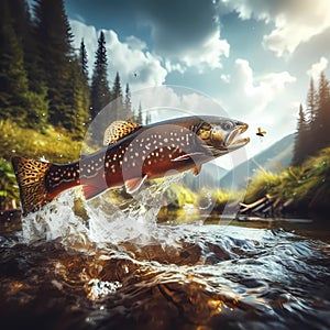 Trout jumping out of the water to catch a fly
