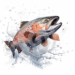 Trout Jumping And Splashing Water On White Background