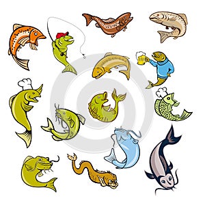 Trout Salmon Fish Mascot Cartoon Set