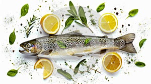 A trout is surrounded by lemons and herbs