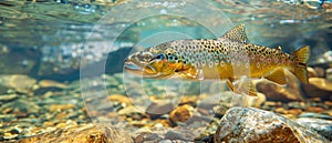 Trout swims underwater in mountain river, wild fish in freshwater of stream. Concept of salmon, wildlife, under water, fresh and