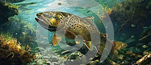 Trout swims underwater in river, view of wild fish in freshwater, sky and mountain. Concept of salmon, wildlife, under water,