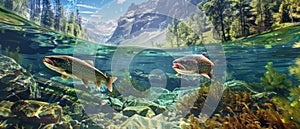 Trout swims underwater in river, view of wild fish in freshwater, sky and mountain. Concept of salmon, wildlife, under water,