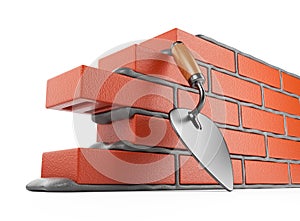 Trowel and bricks wall 3D. Work place. Isolated