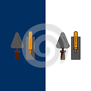 Trowel, Brickwork, Construction, Masonry, Tool  Icons. Flat and Line Filled Icon Set Vector Blue Background