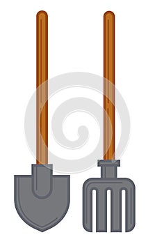 Trowel and fork for gardening, agriculture equipment vector photo