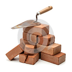 Trowel resting on a pile of bricks