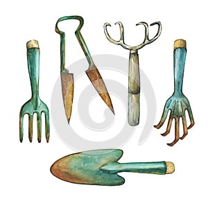 Trowel , shears, hayfork and other paraphernalia necessary for garden improvements.