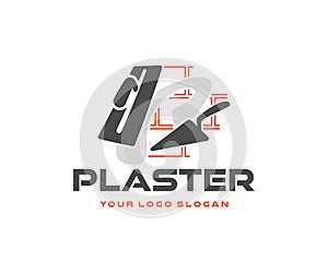 Trowel and spatula plastering a brick wall graphic design. Plastering and smoothing concrete wall with cement logo design photo