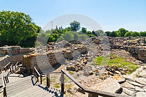 Troy ancient city ruins view. Visit Turkiye concept background