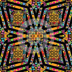 Trtibal greek vector seamless pattern. Ethnic ornamental geometric background. Hand drawn striped tribe ornaments in aztec style.