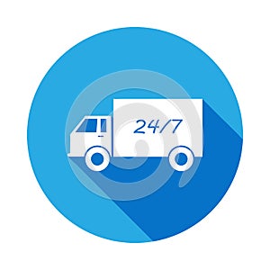truck and 24 7 icon with long shadow. Element of logistics icon. Premium quality graphic design icon. Signs and symbols collection