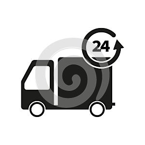 Truck 24 hours icon. Fast delivery truck. Cargo van moving fast. Vector illustration.