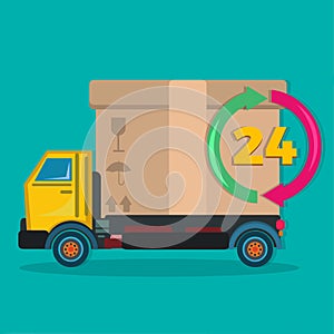 Truck with 24 hours symbol  for shipping company business concept vector illustration