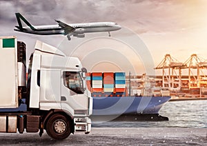 Truck, aircraft and cargo ship in a deposit with packages ready to start to deliver. Concept of transportation industry