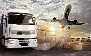 Truck and aircraft ready to start to deliver photo