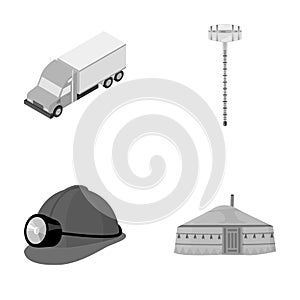 Truck, alcohol meter and other monochrome icon in cartoon style. helmet of a miner, dwelling of the Mongols icons in set