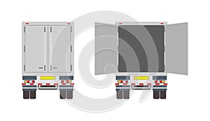 Truck in back. Van for delivery. lorry with container for cargo. Open, closed door on trailer. View rear of car for shipping.