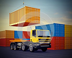 Truck on background of stack of freight containers