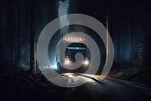 truck, barreling down a forest road at night, with only its headlights illuminating the way