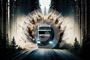 truck barreling through forest, with trees whipping by in the background