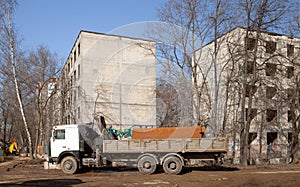 The truck with big tube on demolition