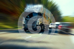 Truck in a blur on the road in motion. The danger of a collision or emergency situation. Violation of rules by truckers