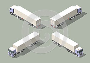 Truck with box semi-trailer in four views isometric icon vector graphic illustration design. Infografic elements