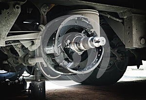 Truck Brake Pads for Repairing to Change. Truck Wheels Maintenance