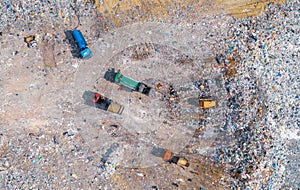 Truck brought household waste landfill, no recycling and separation, aerial top view landfill background environmental