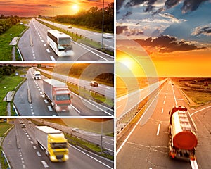Truck and bus on highway at sunset - collage