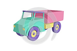 Truck car with a body cartoon style realistic design in pastel green, coral, yellow, purple color. Kids toy isolated white