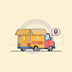 Truck car with cardboard paper box for express shipping cargo delivery service transportation vector illustration