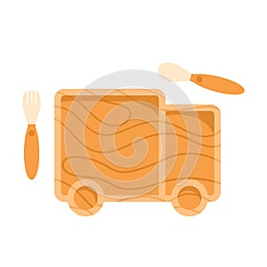 Truck, car kid tableware. Wooden plate, fork, spoon for child. Kids eco-friendly utensils. Baby nutrition and feeding lifestyle