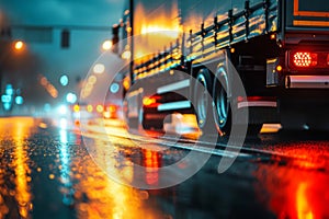 Truck car moving on road at night. Motion blur, light trails. Transportation, transport logistic concept