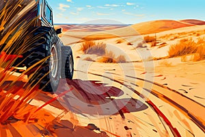 Truck car wheel on offroad steppe adventure trail, travel, destination scenics