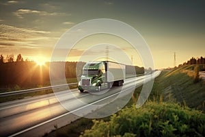 Truck with the cargo driving on highway in a sunset. Logistic delivery system. AI Generative