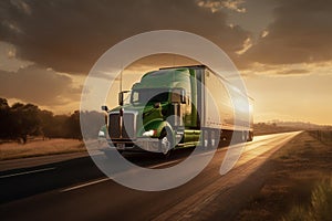 Truck with the cargo driving on highway in a sunset. Logistic delivery system. AI Generative
