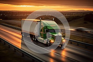 Truck with the cargo driving on highway in a sunset. Logistic delivery system. AI Generative