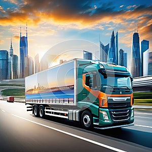 Truck with cargo driving on the road with cityscape motion blur