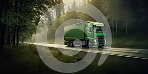 Truck with cargo driving on the road motion blur background. Generative AI