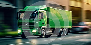 Truck with cargo driving on the road motion blur background. Generative AI