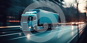 Truck with cargo driving on the road motion blur background. Generative AI