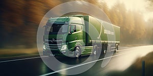Truck with cargo driving on the road motion blur background. Generative AI