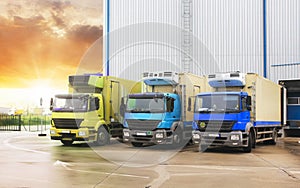 Truck cargo with lift parking at warehouse, road freight delivery logistics and transport