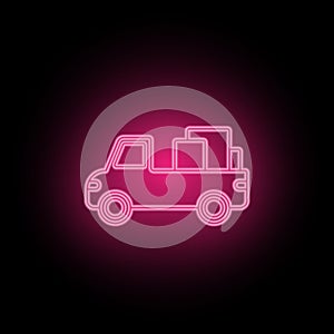 Truck, cargo neon icon can be used to illustrate topics about SEO optimization, data analytics, website performace - Vector