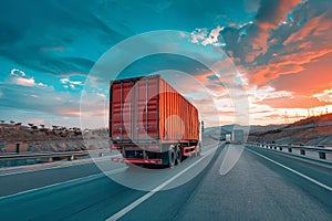 Truck with cargo on the road at sunset.